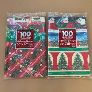 LOT of 2 Vintage CLEO Christmas Gift Wrap Sheets 100 Sq Ft Total 8 Designs Santa